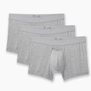 3 pairs of Heather Grey boxer briefs on grey background.