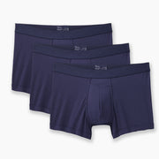 3 pairs of Navy boxer briefs on grey background.