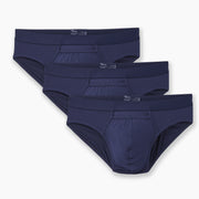3 pairs of navy blue briefs laid flat on light grey background.