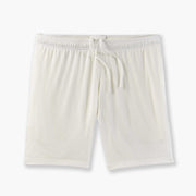 Cream 6 inch lounge short with drawstring laid flat on grey background.