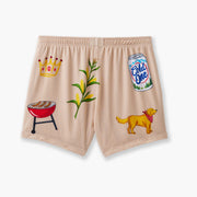 Back side of beige senior cord lounge short. On this side it has beer can, crown, dog, plant and grill.