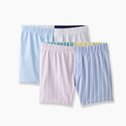 Slim fit boxers in pastel stripe and color block blue lay flat.
