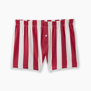 Red and cream stripe colored slim fit boxers laid flat on light gray background.