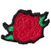 Embroidered icon of a vibrant red rose flower with green leaves behind it.