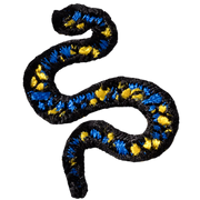 Embroidered icon of a snake, with blue and yellow scales.