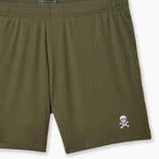 Olive pocket lounge short with skull and cross bones embroidery on bottom right of leg.
