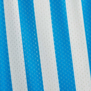 Close up detail shot of blue and white stripe mesh material.