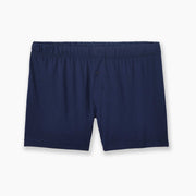 Navy blue slim fit boxers laid flat on grey background.