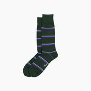 Green and purple collegiate stripe socks on grey background.