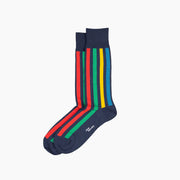 Navy, green, red, yellow primary stripe socks on grey background.