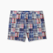 Pair of 4" inseam Blue Madras Pocket Lounge shorts laid flay on light grey background.