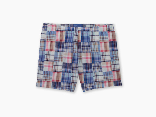 Pair of 4" inseam Blue Madras Pocket Lounge shorts laid flay on light grey background.