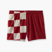 Pair of burgundy/white beach patrol lounge shorts sitting flat against light grey background.