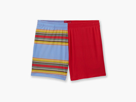Pair of Canoe Stripe lounge shorts (red, blue, yellow, green, orange stripes) against a light grey background.