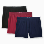 4" Pocket Lounge Short Variety Pack layflat with black, burgundy, and navy shorts.