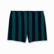 Pair of green/navy stripe lounge shorts on light grey background.
