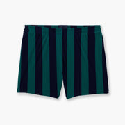 Pair of green/navy stripe lounge shorts on light grey background.