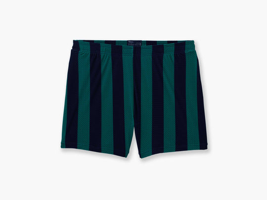 Pair of green/navy stripe lounge shorts on light grey background.