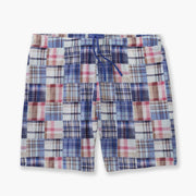 Pair of 6" Inseam Blue Madras Lounge Short with drawstring laid flat on light grey background.