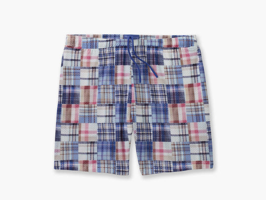 Pair of 6" Inseam Blue Madras Lounge Short with drawstring laid flat on light grey background.