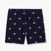 Pair of navy blue Cabin Club lounge shorts against light grey background