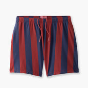 Pair of burgundy/navy stripe lounge shorts sitting against a light grey background.