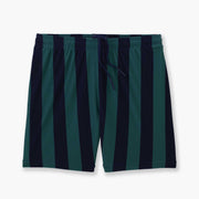 Pair of green/navy lounge shorts against a light grey background.