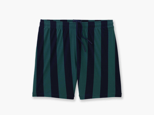 Pair of green/navy lounge shorts against a light grey background.