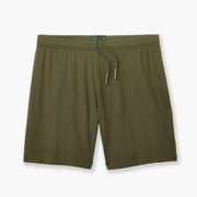 Pair of 6" inseam olive mesh lounge shorts against white grey background 