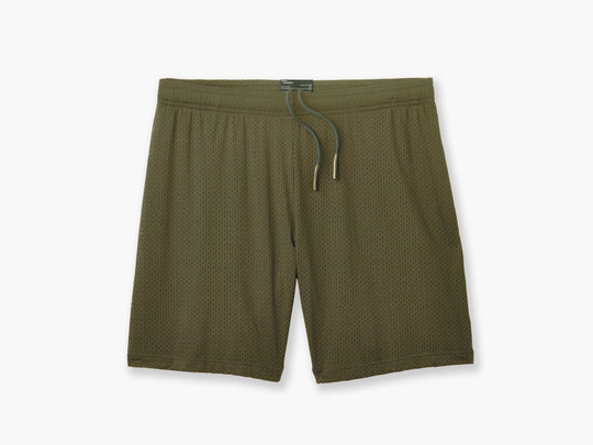 Pair of 6" inseam olive mesh lounge shorts against white grey background 