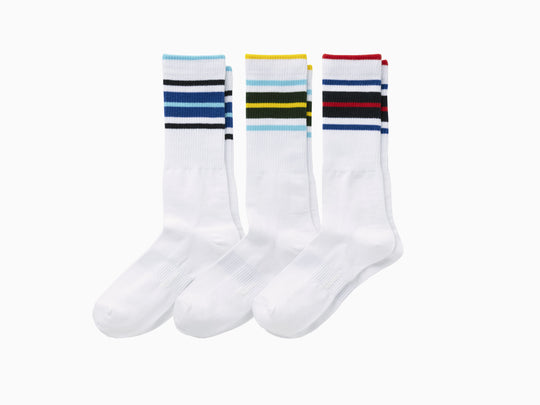 3 pairs of white Amalfi Athletic socks with stripes on the cuff in various colors.
