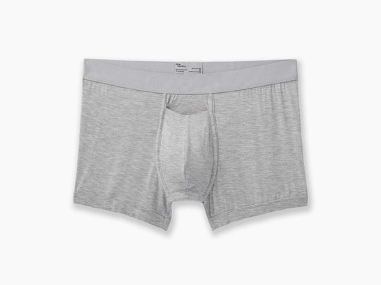 Heather grey boxer brief layflat on grey background.