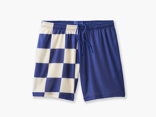 Half checkered half solid blue and white mesh lounge shorts sitting flat on grey background.