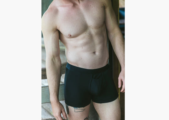 Close up shot of shirtless man wearing black boxer briefs.