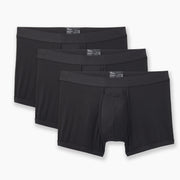 3 pairs of Black boxer briefs on grey background.