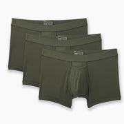 3 pairs of Olive boxer briefs on grey background.