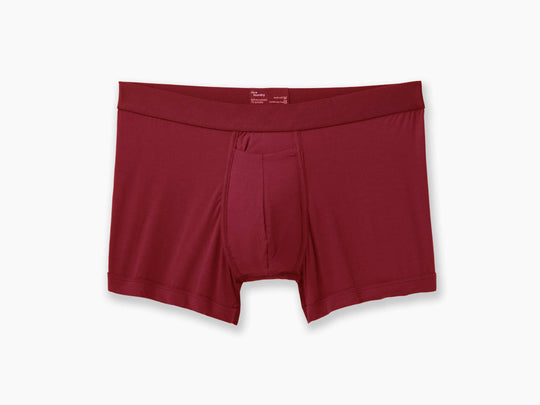 Burgundy boxer brief flat against light grey background.