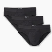 3 pairs of black briefs laid flat on light grey background.