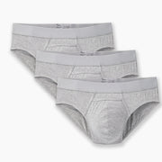3 pairs of heather grey briefs laid flat on light grey background.