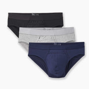 3 pairs of briefs laid flat on light grey background. Navy Blue, Heather Grey and Black.