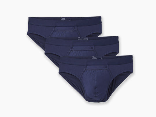 3 pairs of navy blue briefs laid flat on light grey background.