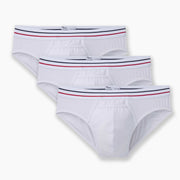 3 pairs of all american white briefs laid flat on light grey background.