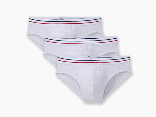 3 pairs of all american white briefs laid flat on light grey background.