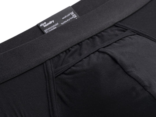 Close up detail shot of horizontal fly pouch found on black boxer brief.
