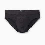 Black brief laid flat on grey background.