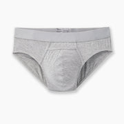 Heather grey brief laid flat on grey background.