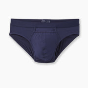 Navy blue brief laid flat on grey background.