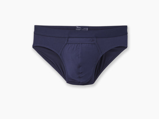 Navy blue brief laid flat on grey background.