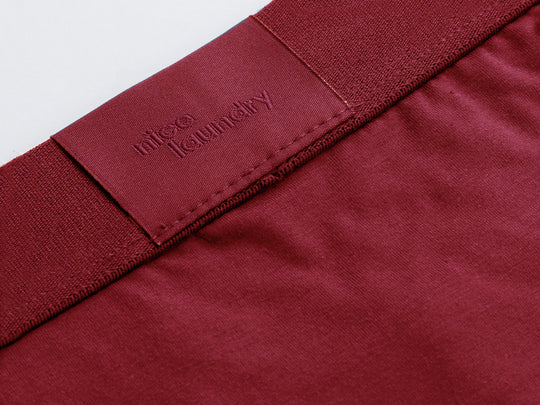 Close up detail shot of back label found on burgundy brief