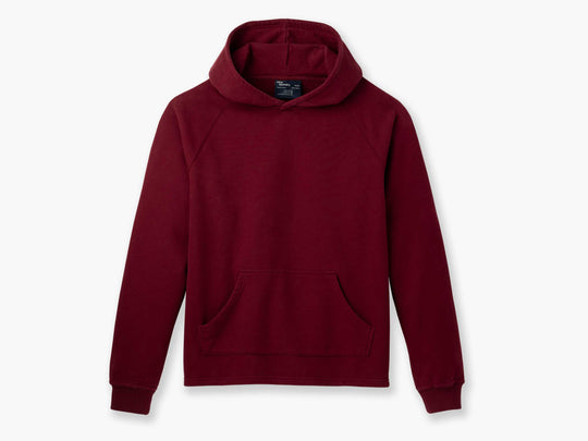 Burgundy Fieldhouse Hoodie laid flat on light grey background.
